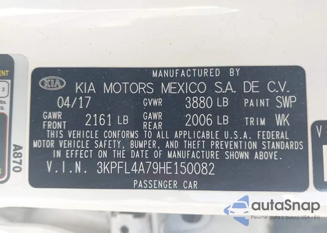 2017 Kia Forte Lx из США, поврежденный, VIN 3KPFL4A79HE150082
